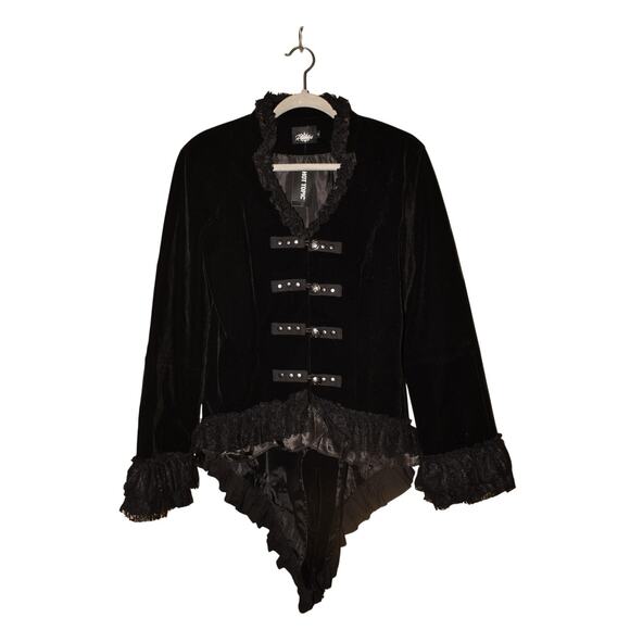 HOT TOPIC RUMIES NEW $70 Black‎ Velvet Lace Up Jacket Lace Satin Ruffle Size 12 - Picture 1 of 4